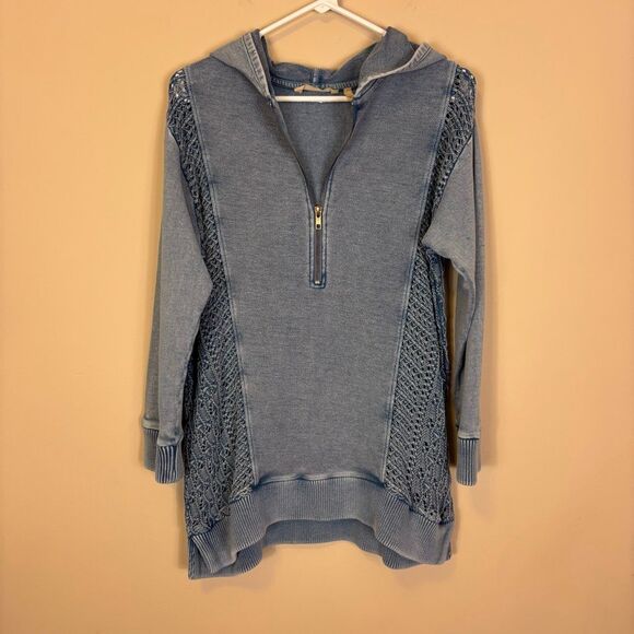 Soft Surroundings Blue Knit Side Hooded Quarter Zip Hooded Pullover Small - Picture 1 of 7